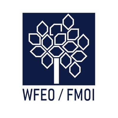 Logo of WFEO/FMOI featuring a geometric tree design in white on a dark blue background.