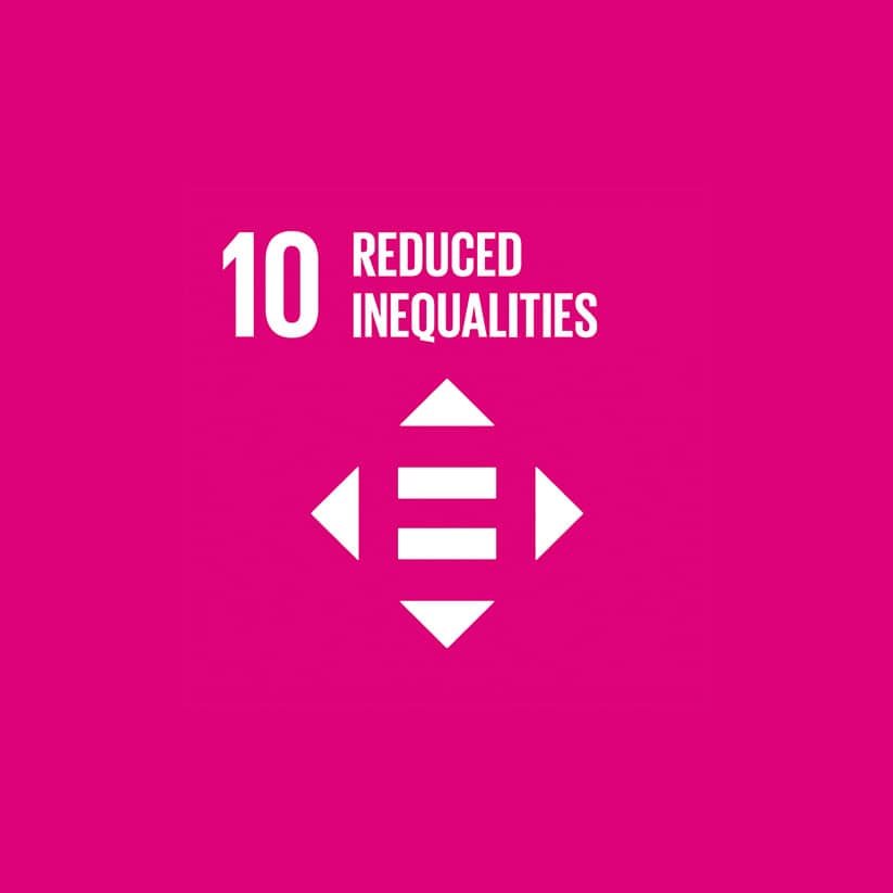 Pink square with white icon of equal sign surrounded by arrows. Text reads "10 Reduced Inequalities.