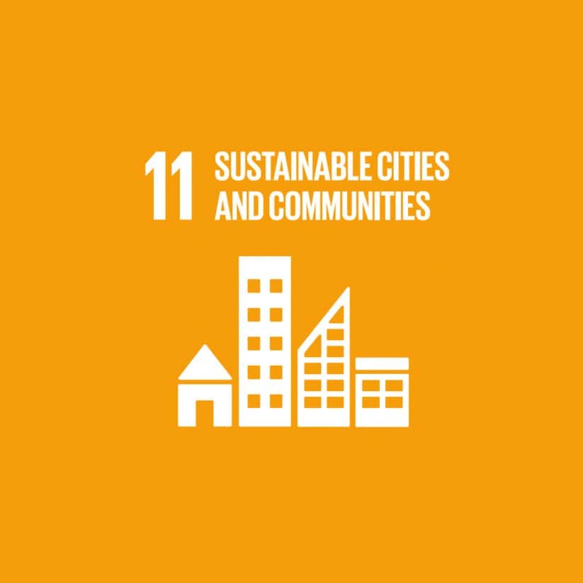 Orange background with white icons of buildings. Text reads: "11 Sustainable Cities and Communities.