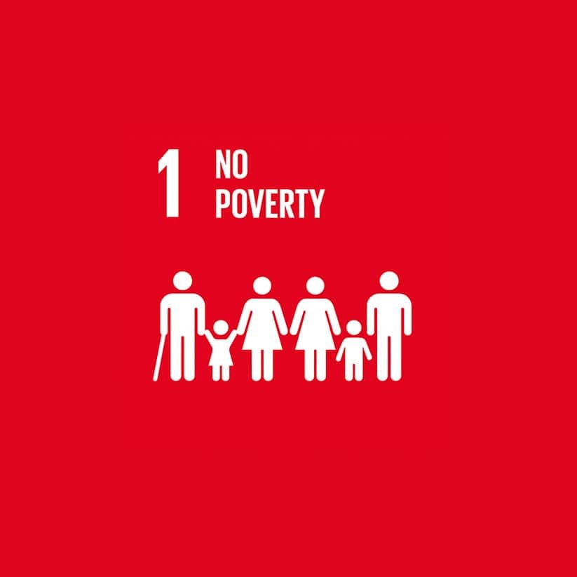 Red graphic displaying white text "1 No Poverty" with icons of a family and an elderly person.