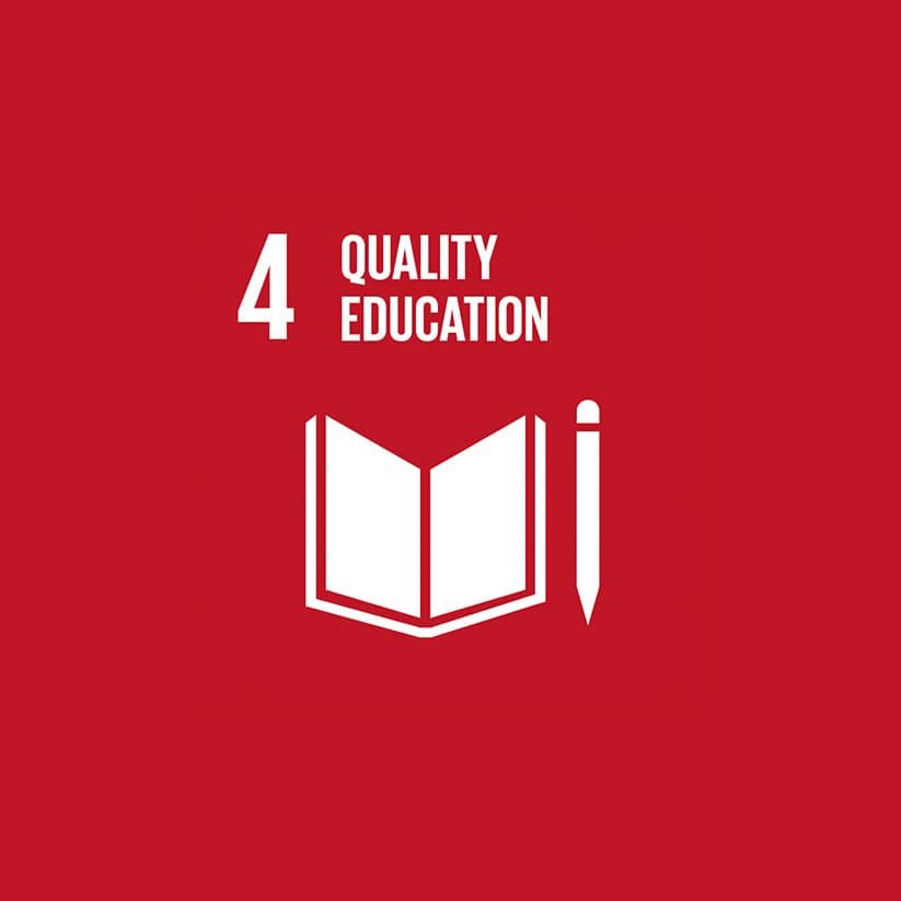 Red background with a white book and pencil icon. Text reads: "4 Quality Education.