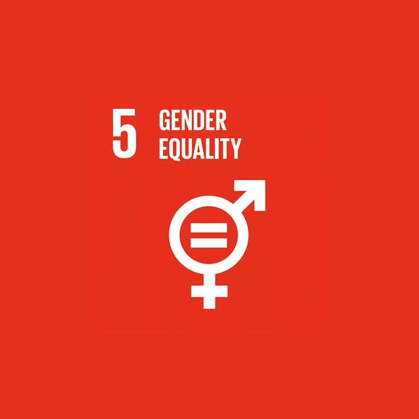 Red background with text "5 Gender Equality." A gender symbol with an equals sign in the center is shown below.