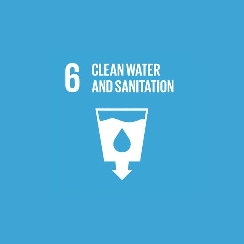 Blue background with a white icon of a water droplet inside a cup and an arrow pointing down. Text reads "6 Clean Water and Sanitation.