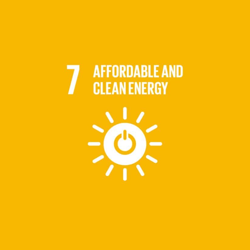 Yellow background with text "7 Affordable and Clean Energy" above a sun-shaped design with a power button symbol in the center.