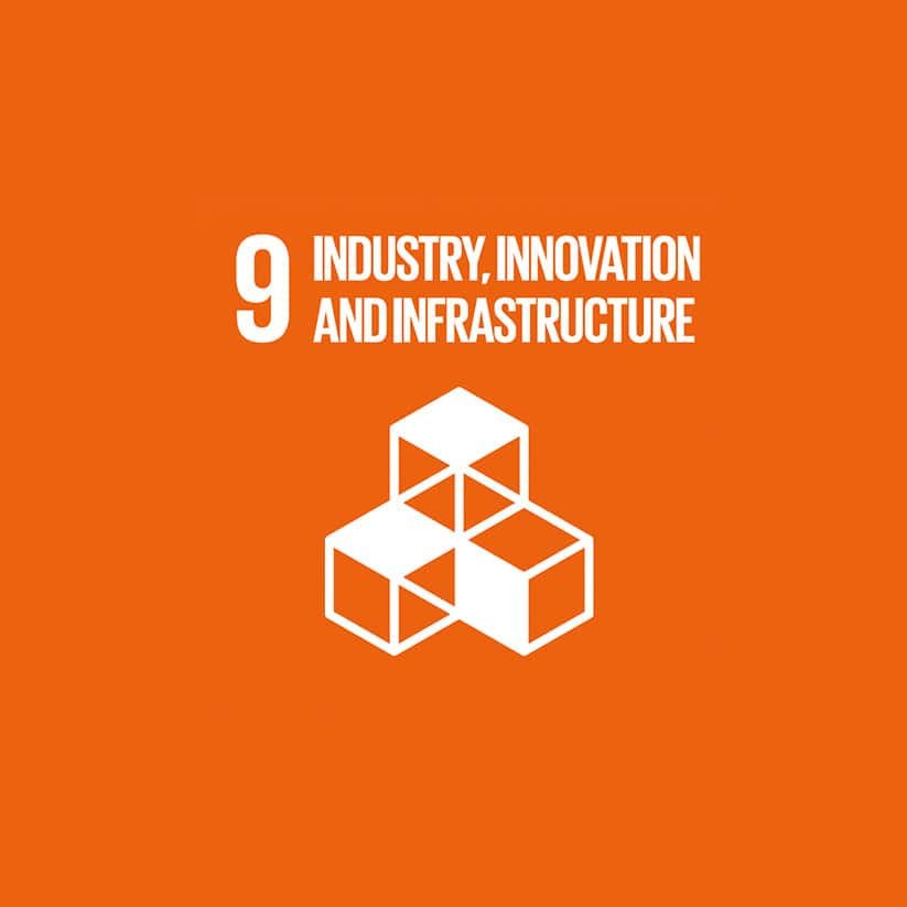 Orange background with white text: "9 Industry, Innovation and Infrastructure." Below the text is a graphic of three interconnected cubes. Part of the United Nations Sustainable Development Goals.