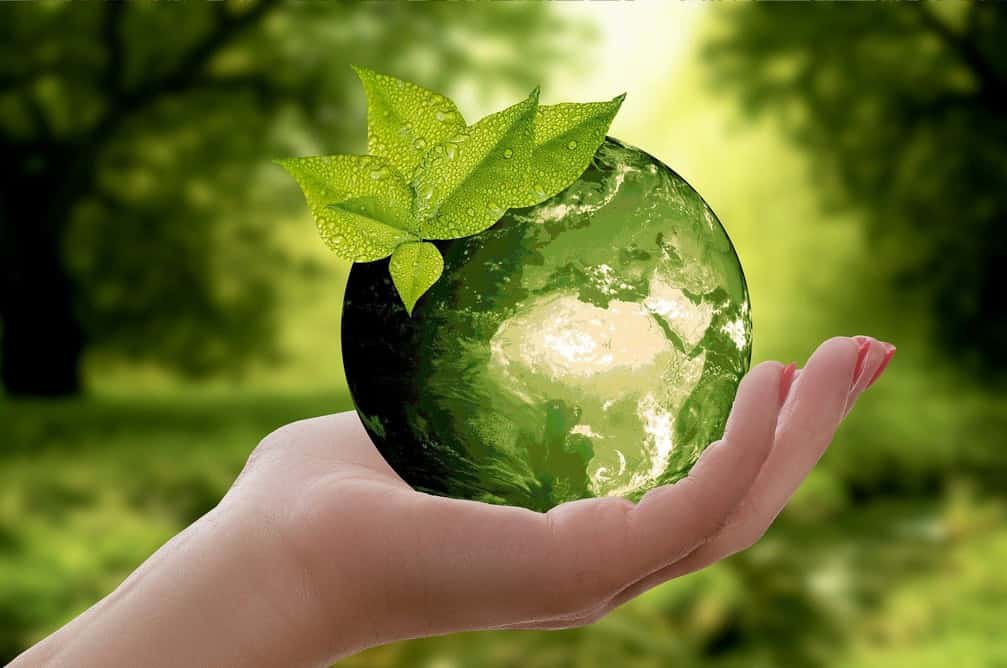 Hand holding a green earth with a lead arrangement on top