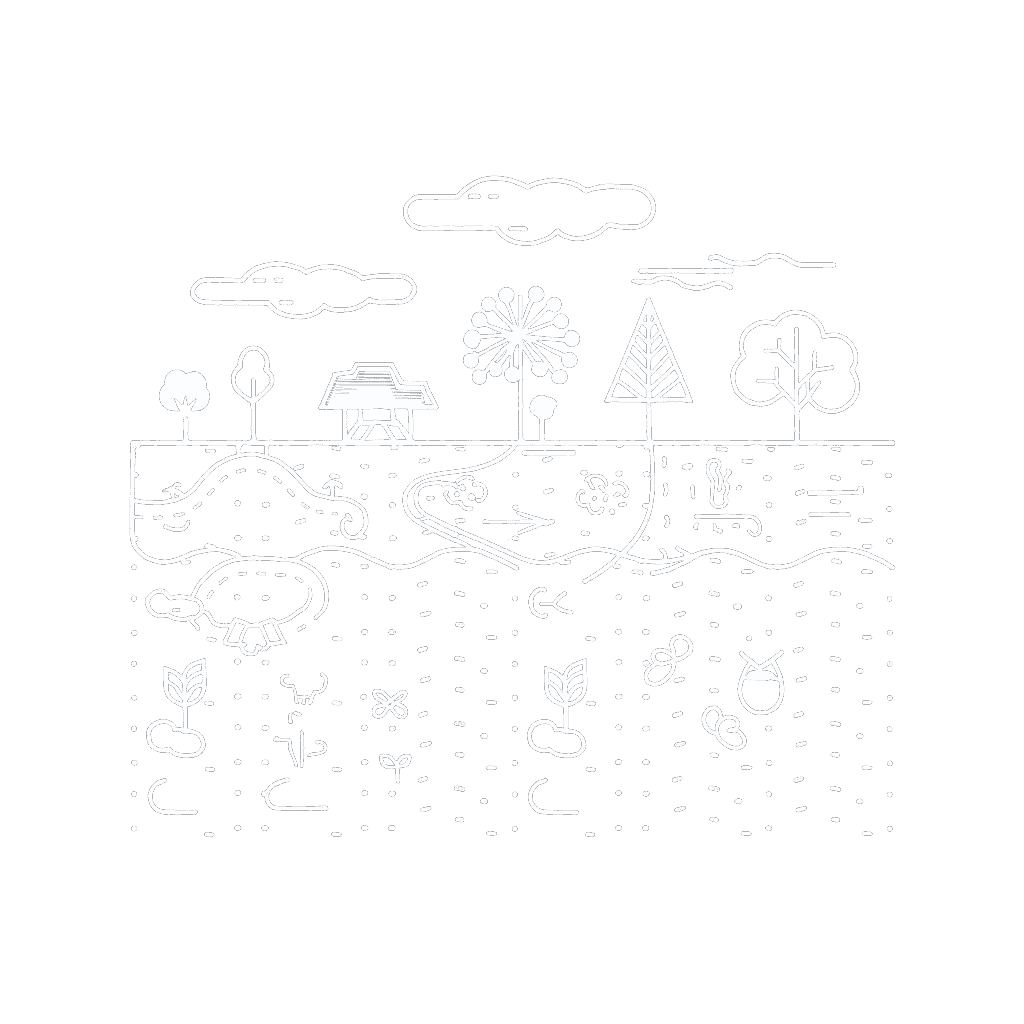 Illustration of an ecosystem depicting Life on Land with trees, a small structure, clouds, underground roots, and insects against a dark background. Emphasizing SDG 15 goals.