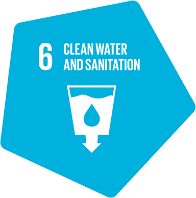 Blue hexagon with a water drop icon, labeled "6 Clean Water and Sanitation.