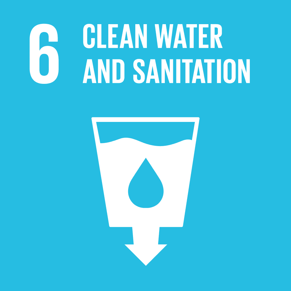 Blue icon with a white glass, water drop, and arrow represents "Clean Water and Sanitation," Goal 6 of the Sustainable Development Goals. Celebrated during World Engineering Day 2022, this symbol highlights innovative solutions showcased at the hackathon for sustainable living.