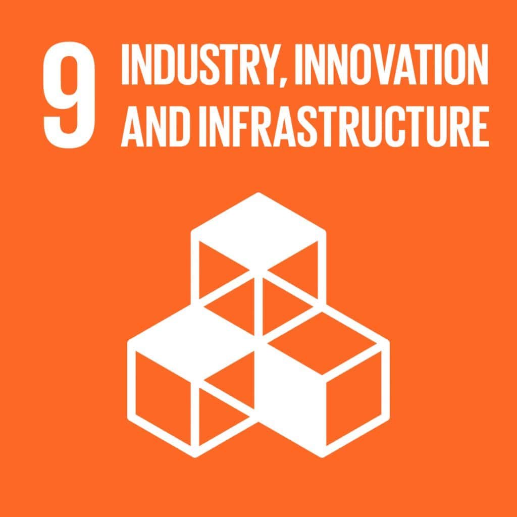 Orange graphic with white blocks and text: "9 Industry, Innovation and Infrastructure." Highlighting breakthroughs from the 2022 Engineering Hackathon, this design underscores collaborative progress in cutting-edge fields.