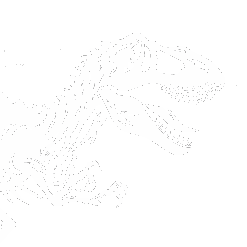 Silhouette of a dinosaur skeleton on a green background, symbolizing the ancient tale of life on land, featuring a large skull and sharp teeth.
