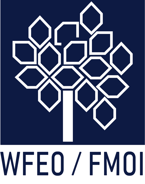 WFEO/FMOI logo featuring a stylized tree with interconnected geometric shapes in white on a dark blue background.