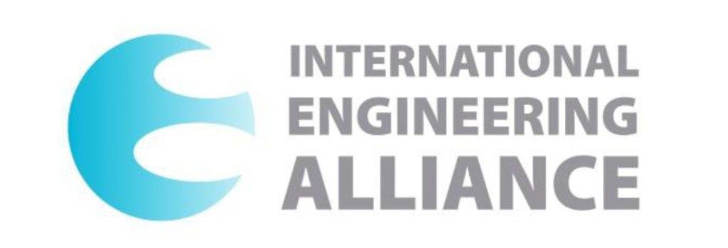 Blue crescent shape next to the words "International Engineering Alliance" in gray text.