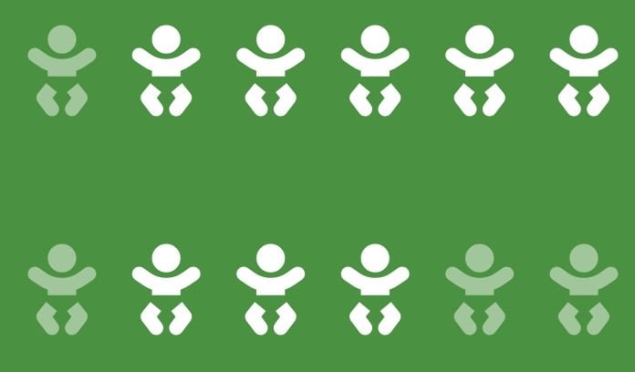 White stylized baby icons arranged in two rows on a green background, with the bottom row of icons appearing faded.