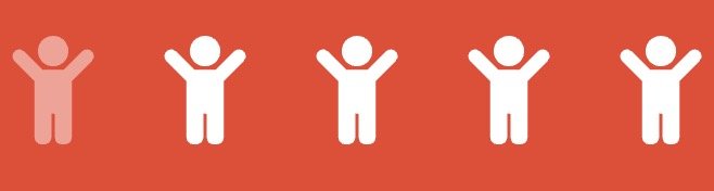 Five stick figures with raised arms on a red background; the figure on the far left is shaded differently.