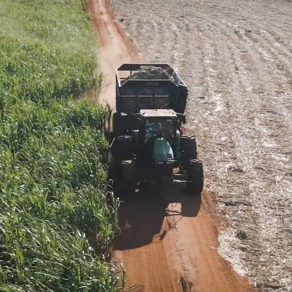 Aerial view of a tractor with a trailer driving on a dirt path between a field of tall green crops on the left and a harvested field on the right.