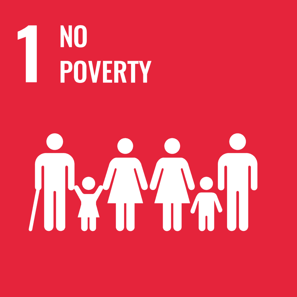 Red square with white text "1 No Poverty" and icons of five people holding hands, representing Sustainable Development Goal 1.
