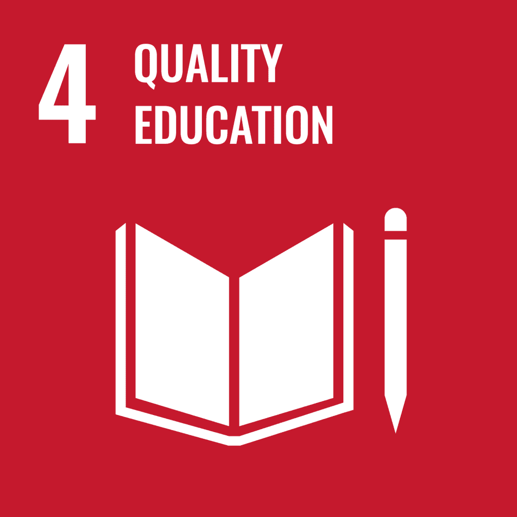 Red background with a white open book and pencil icon. Text reads "4 Quality Education.