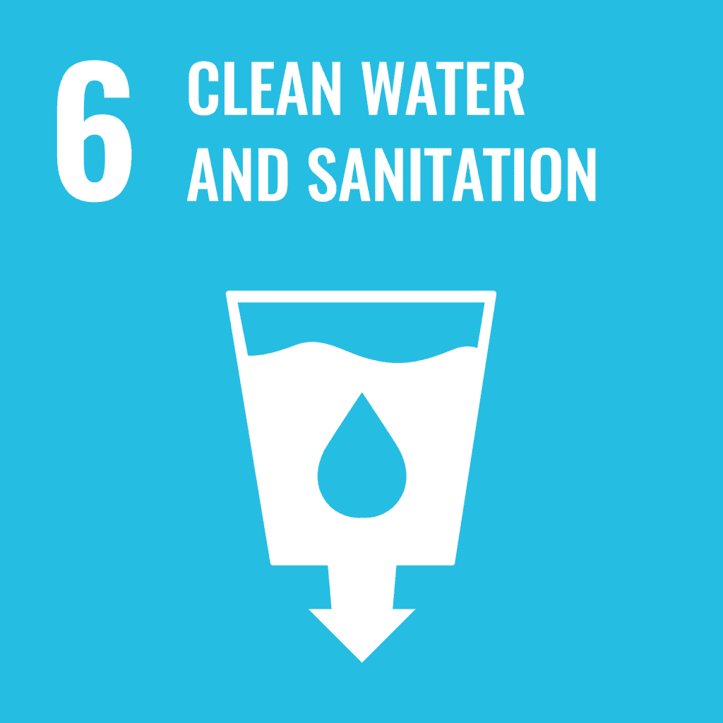 Blue square with the number 6, saying "Clean Water and Sanitation" above a white symbol of water in a glass with a drop and downward arrow.