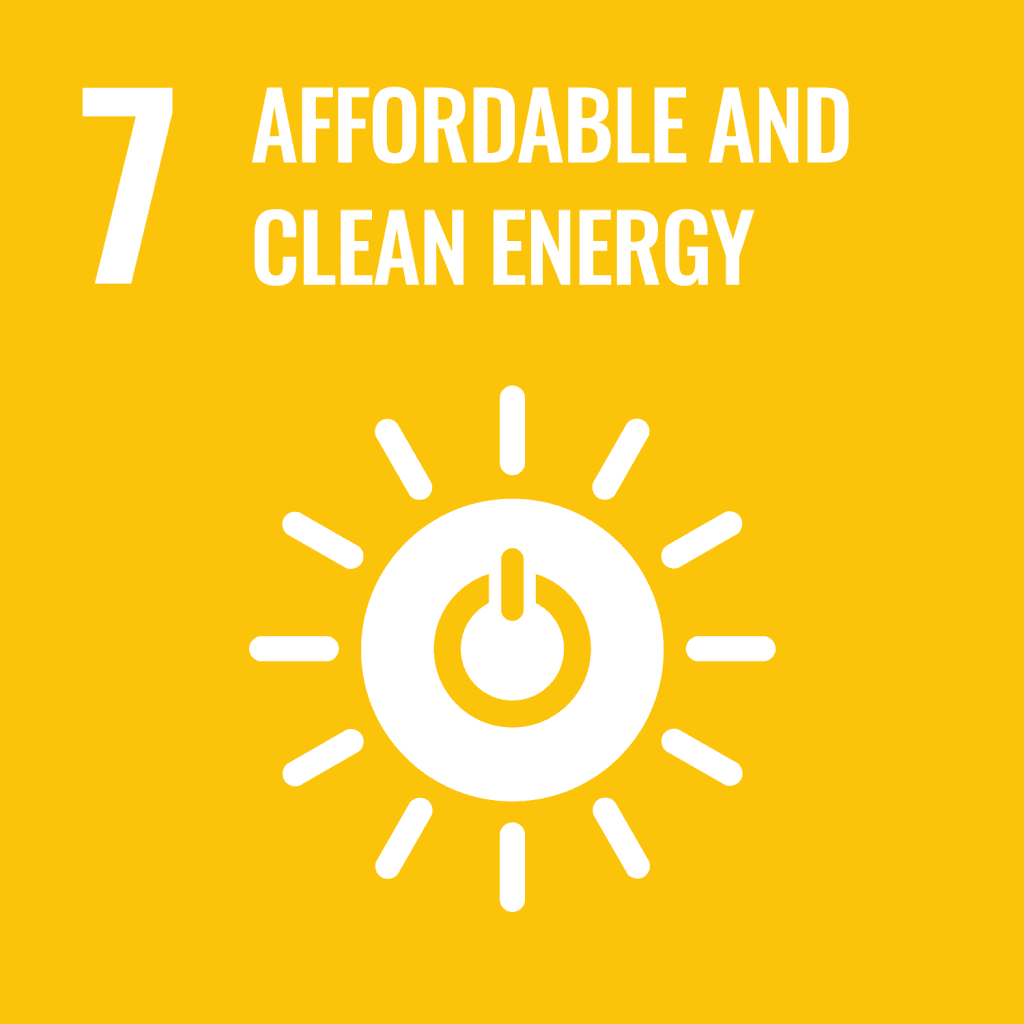 Yellow graphic with text "7 Affordable and Clean Energy" above a white icon of a power button inside a sunburst, symbolizing sustainable energy.