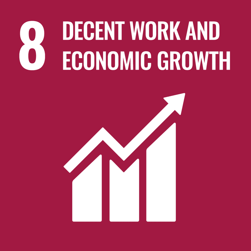 Icon for Sustainable Development Goal 8: Decent Work and Economic Growth, showing a white upward arrow on a bar graph against a red background.