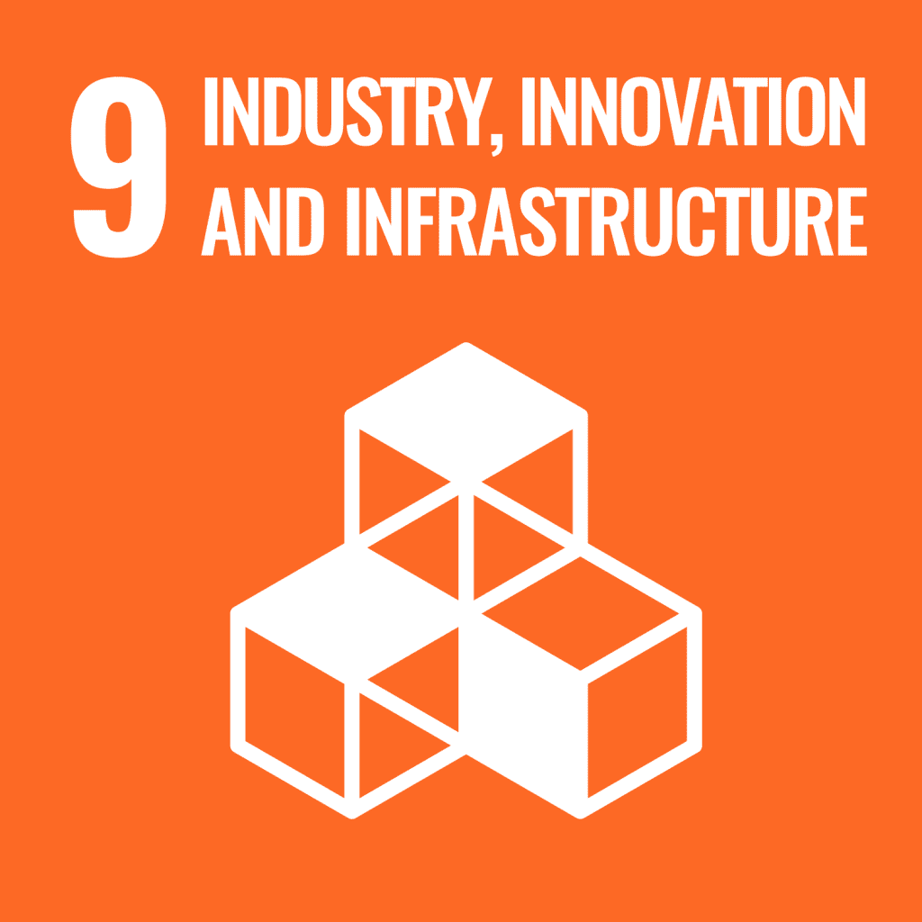 Orange background with the text "9 Industry, Innovation and Infrastructure" above three white interconnected cubes.