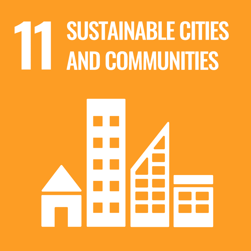 Icon for Sustainable Development Goal 11, featuring white building silhouettes on an orange background, with the text "Sustainable Cities and Communities" above.