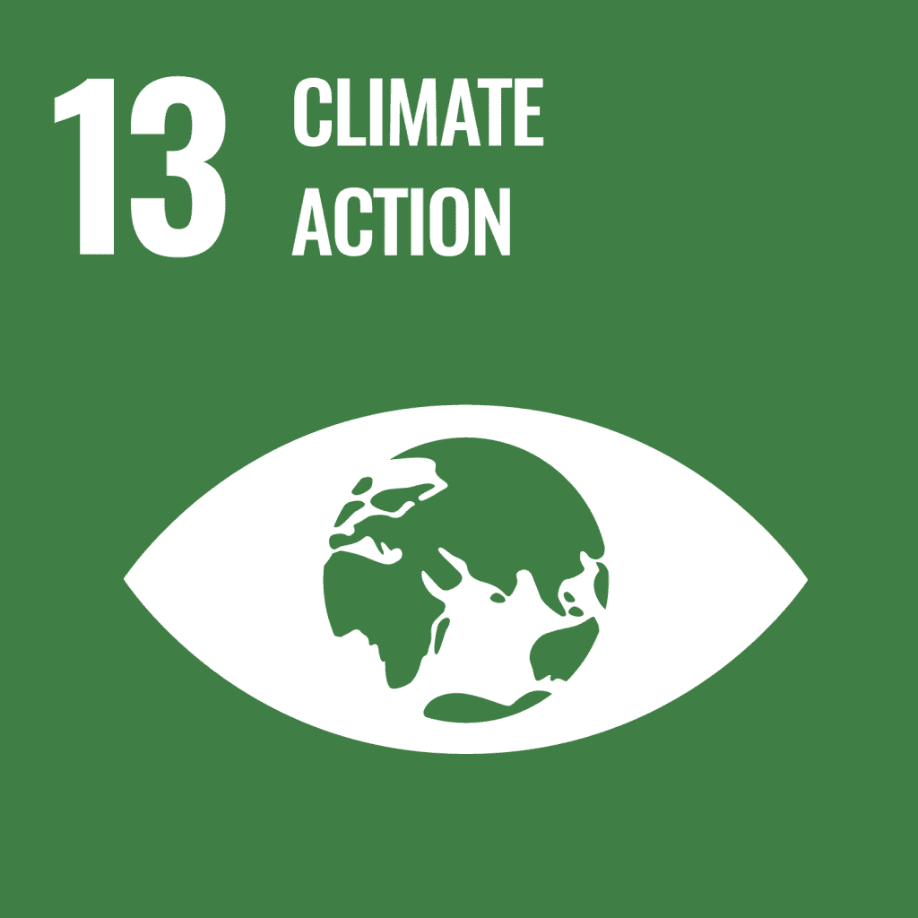 Green icon with the number 13, text "Climate Action," and a stylized eye containing a globe. Part of the United Nations Sustainable Development Goals.