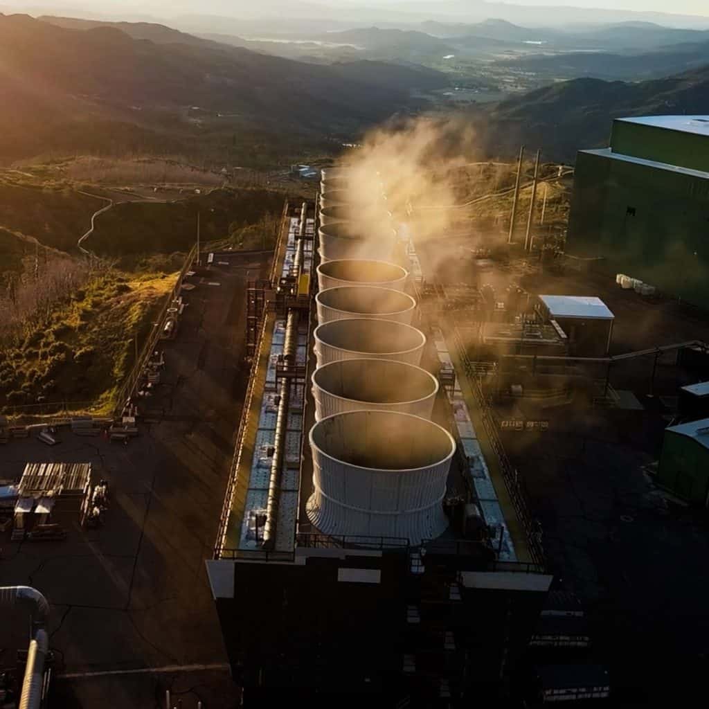 Aerial view of an industrial facility with a row of cooling towers emitting steam, set against a hilly landscape at sunset.
