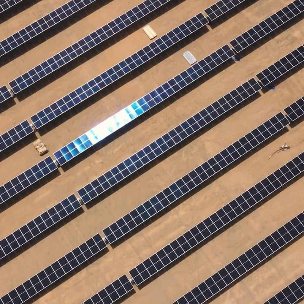 Aerial view of rows of blue solar panels installed on a sandy ground, with one reflective panel and a single person walking between the rows.